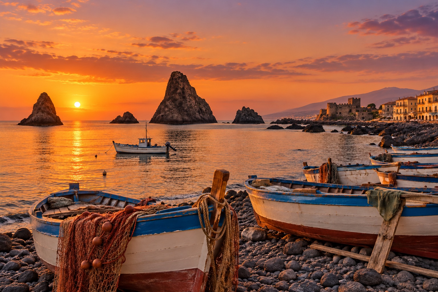 Fishing boats and sea stacks at sunset in Aci Trezza