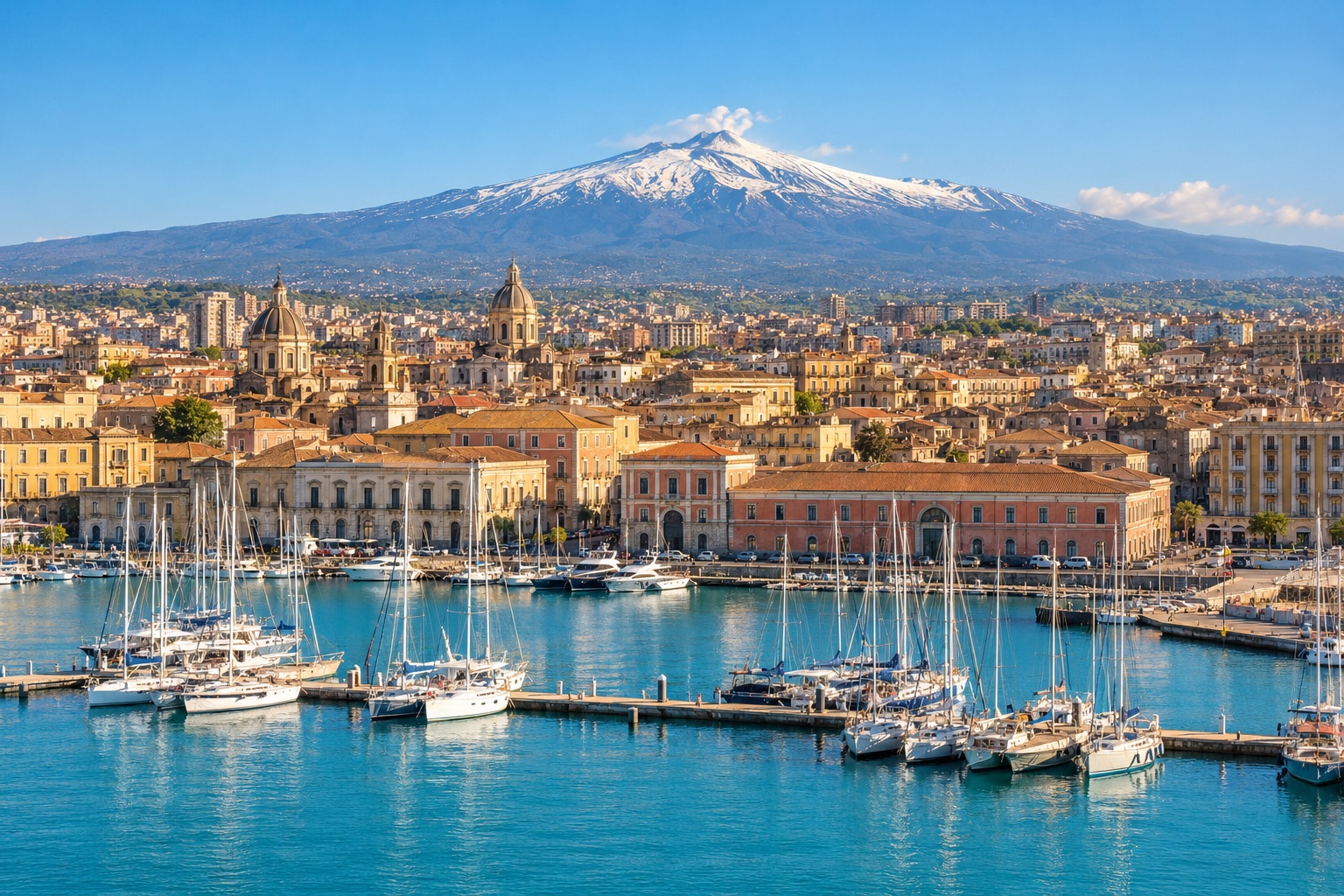 Catania's harbour with Mount Etna rising behind the city