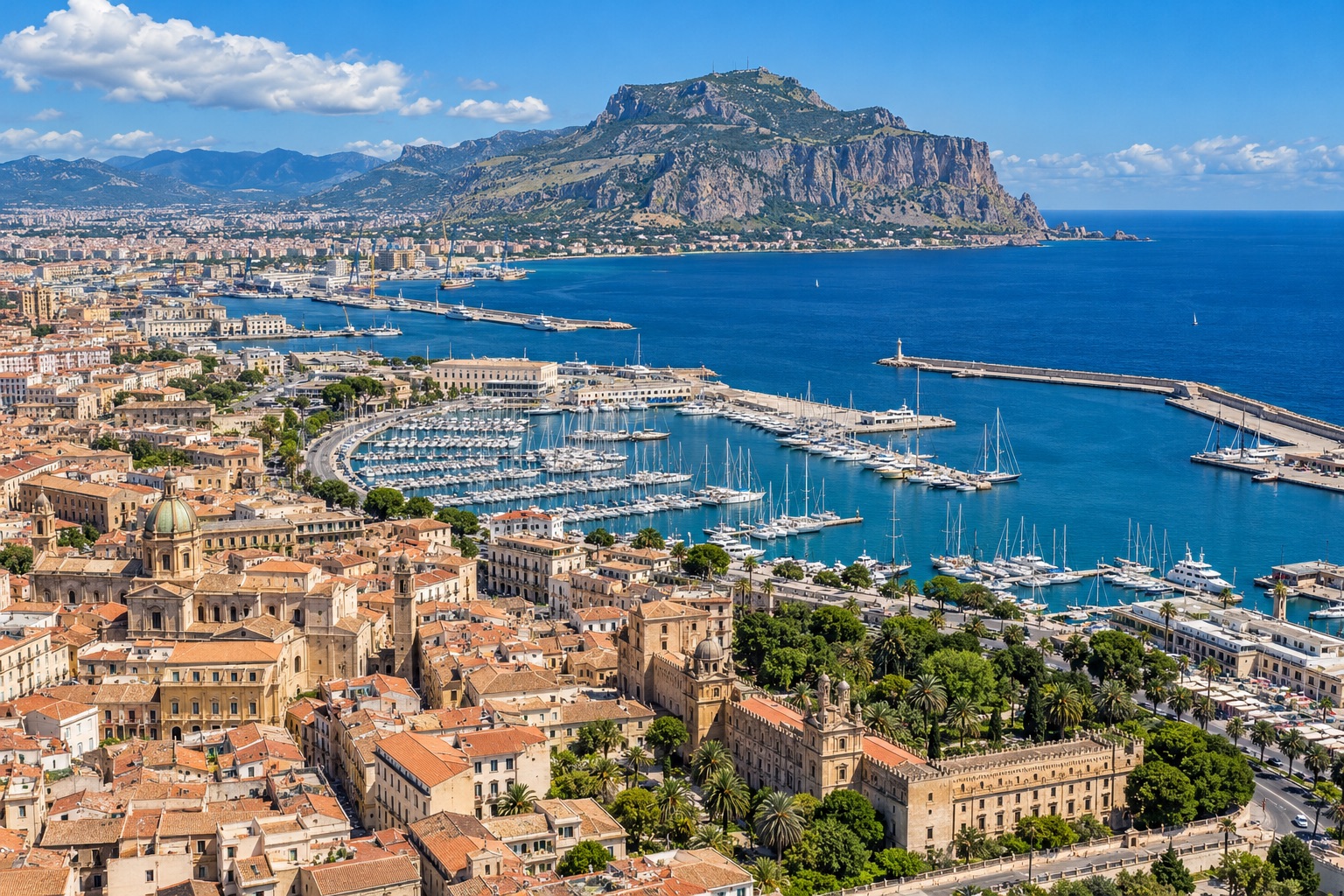 Aerial view of Palermo's harbour and Monte Pellegrino